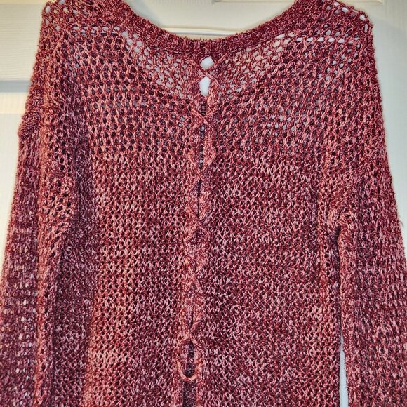 Lucky Brand Open Crochet Knit Maroon Sweater Women's Size Medium Tunic Split Bac - Picture 4 of 9